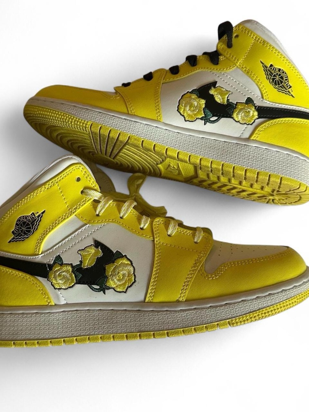 Jordan MID-Top Sneakers in Yellow, White & Black with Floral Embroidery